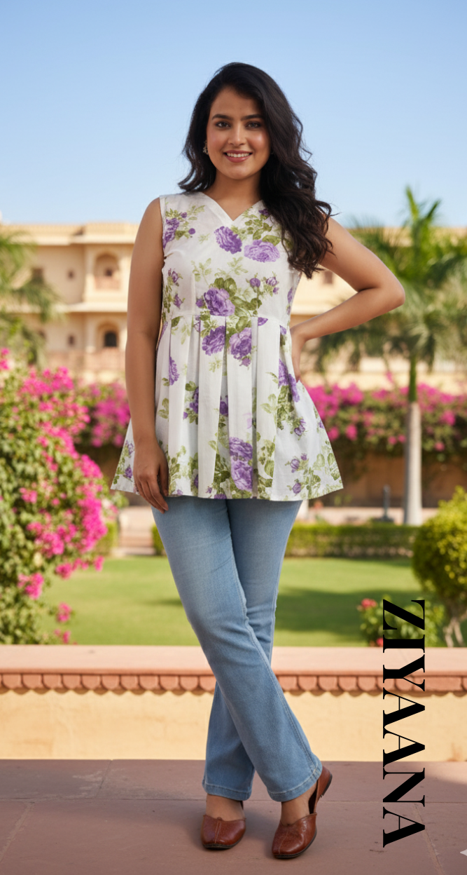 Lavender Bloom Pleated Peplum short kurti