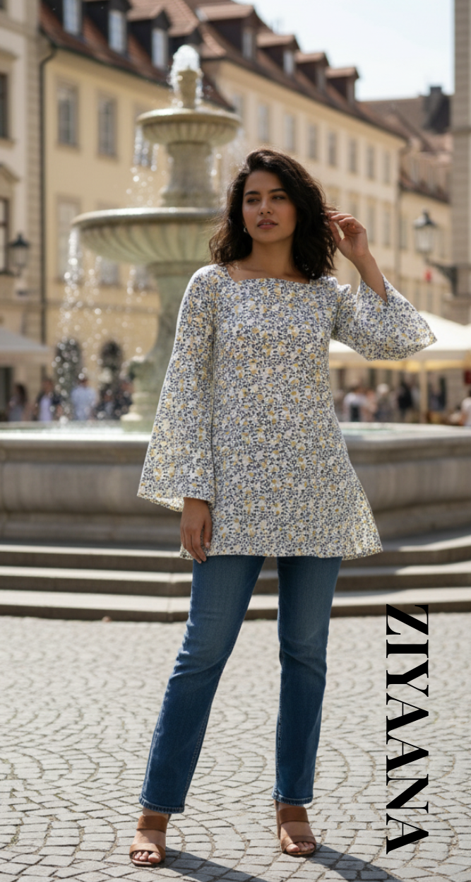 Meadow Bloom Bell-Sleeve Short Kurti